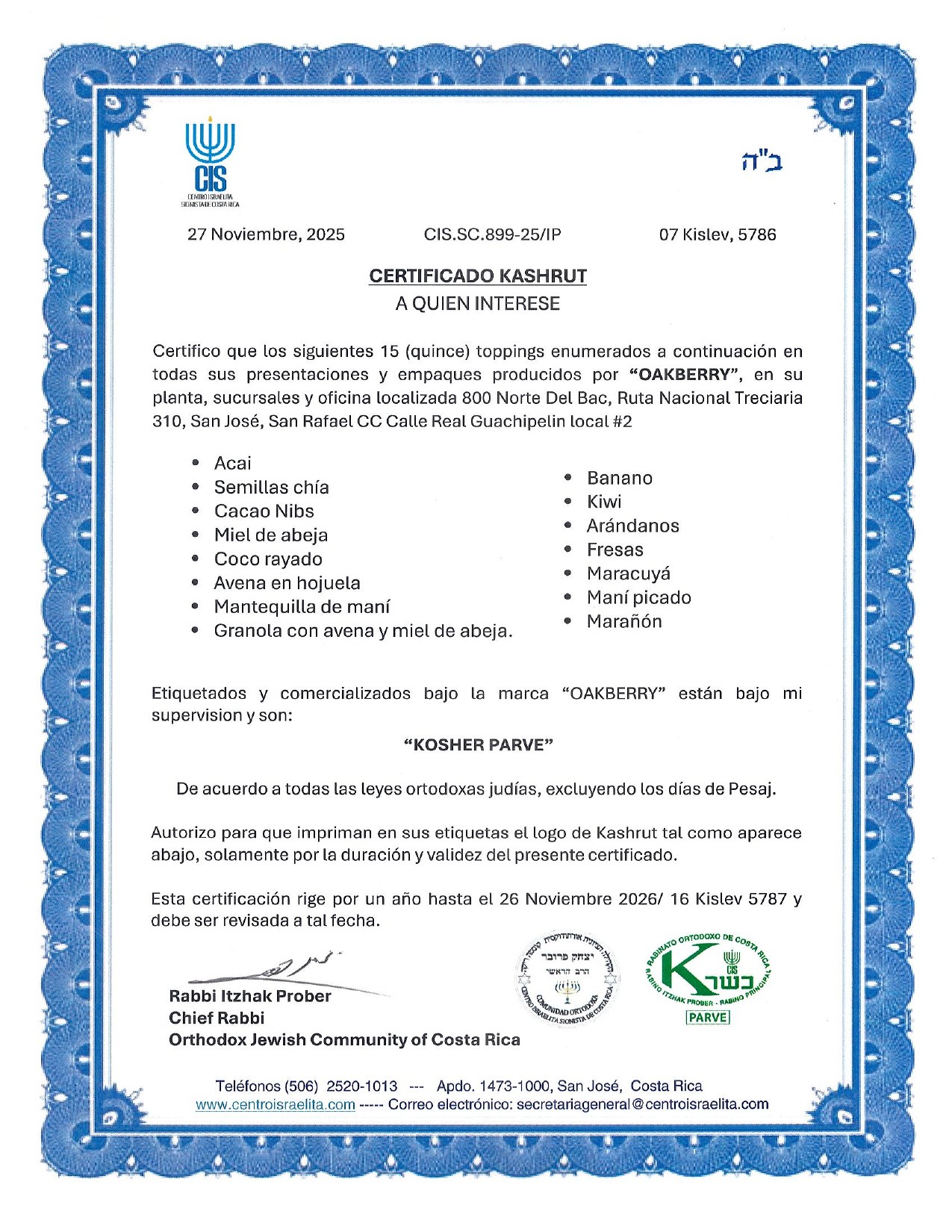 Certificado Kosher Parve
