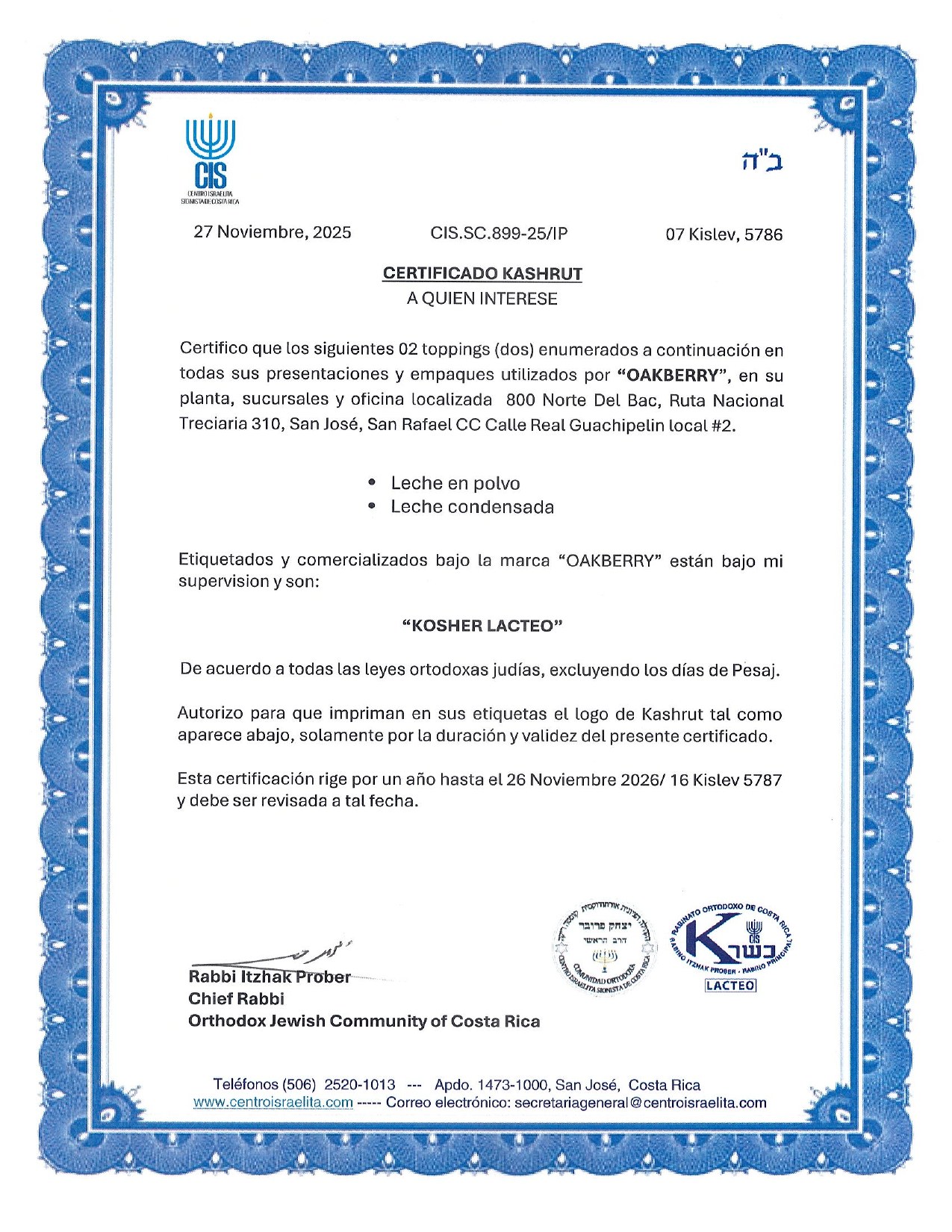 Certificado Kosher Lácteo